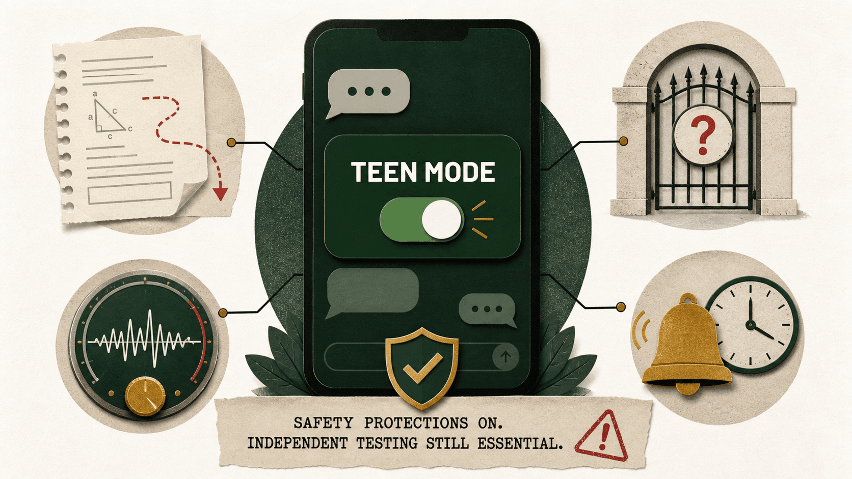 Teen Mode is switched on while symbols show unresolved questions about homework bypasses, age checks, alert speed and emotional dependence