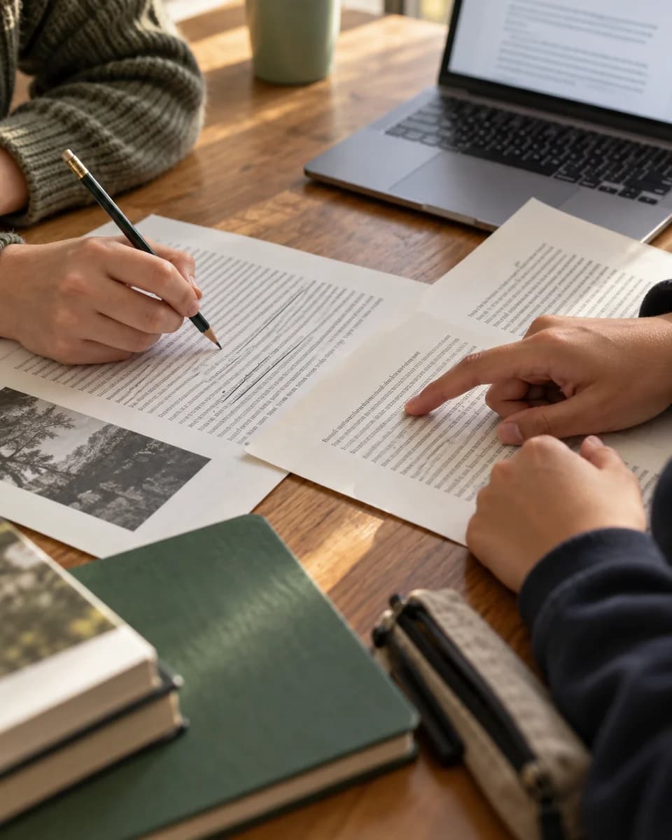 Illustrative classroom scene of students discussing printed source passages beside a laptop, with one annotating and another pointing to the evidence.