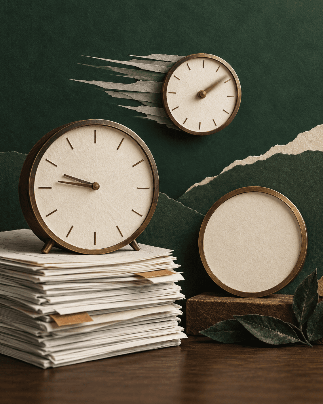 A paper-cut collage of three clocks: a small one with its hand blurred by speed, a large one on a stack of papers with its hand barely moved, and one with a blank face and no hands
