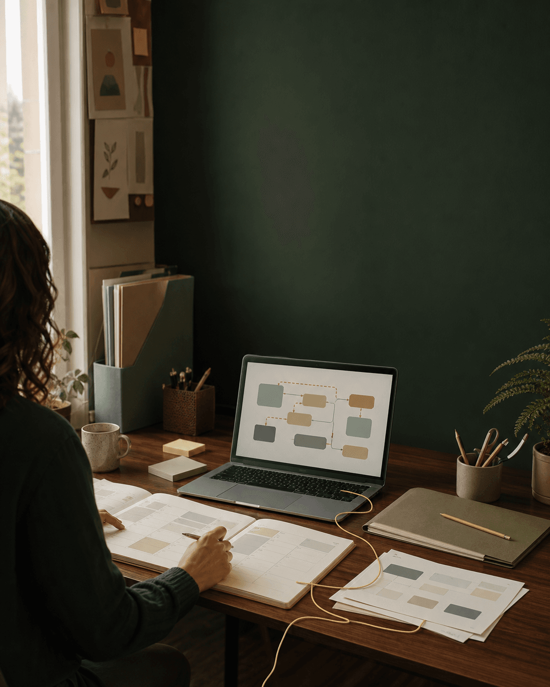 An educator planning at a desk with a curriculum planner, connected workflow and lesson materials