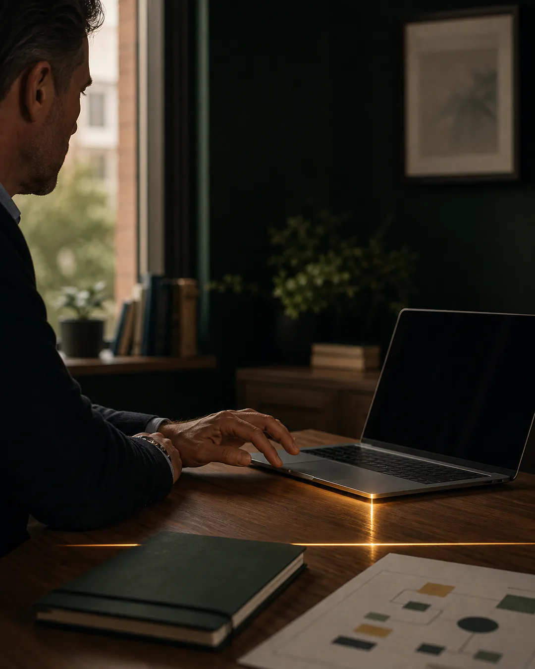 A school leader pauses over a laptop at a desk, with a warm line of light marking an access boundary