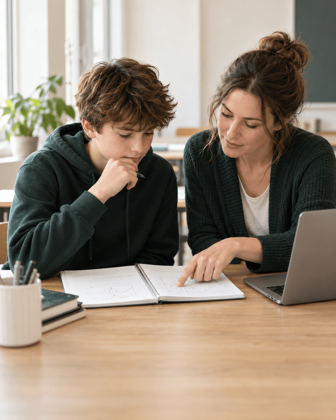AI-generated illustrative image of a teacher and a teenage student discussing a notebook at a classroom desk.
