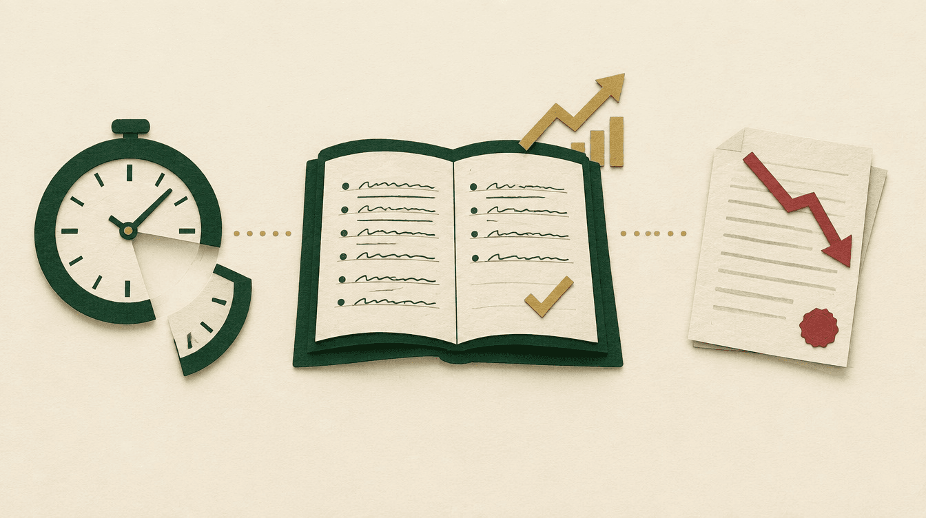 A paper-cut collage of a school exercise book, a clock with a wedge cut out of its face and an exam paper marked with a downward arrow