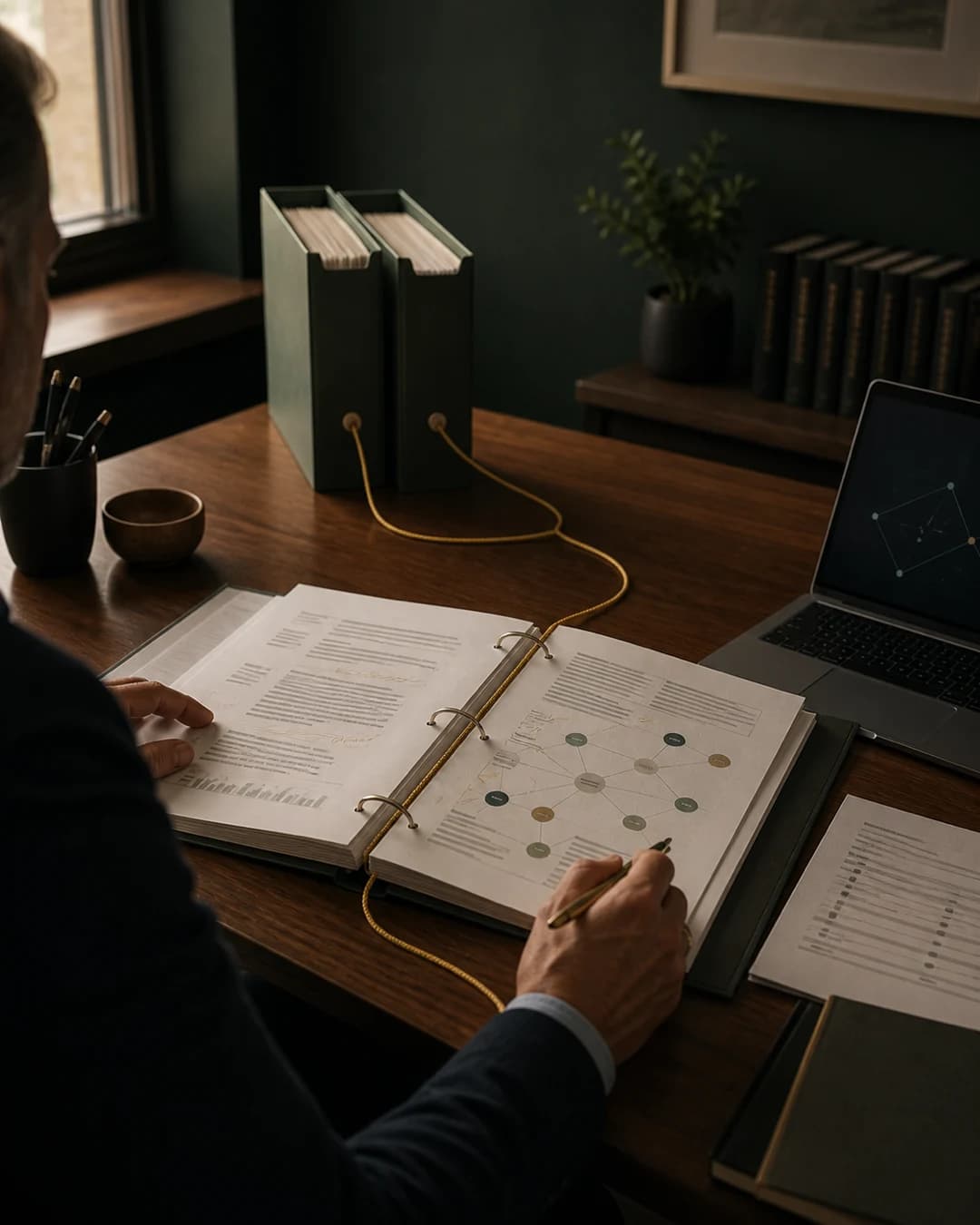 A school leader traces a gold provenance cord from funding files into an open AI curriculum binder